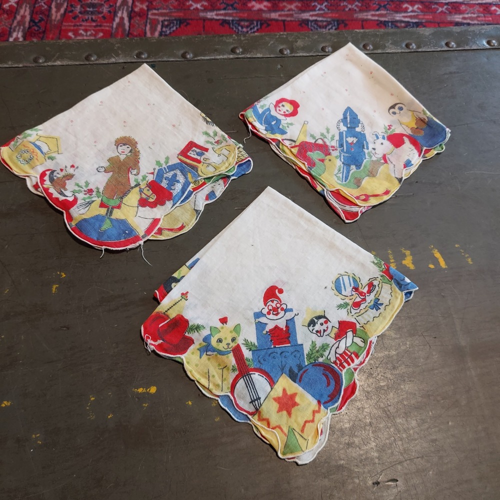 Vintage Christmas Toy Handkerchiefs Set of 3 Scalloped Edge Robot Santa 9in